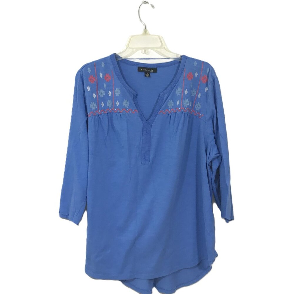 Moda Plus Size 2X Embroidered V-Neck Knit Tunic Top Blue